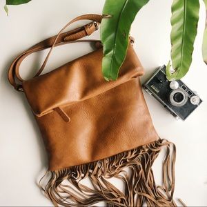 Faux Leather 70s Style Fringe Fold Hobo Purse